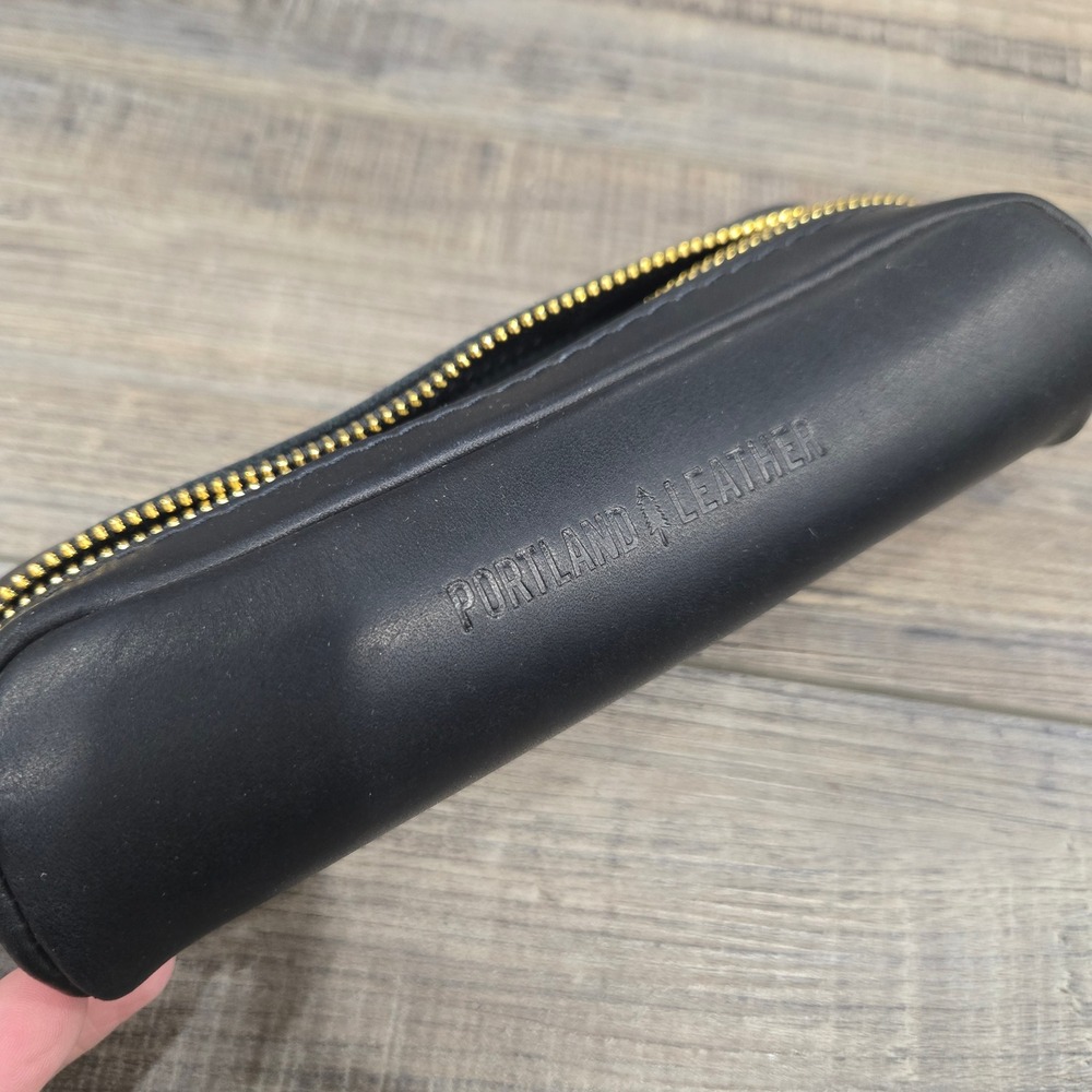 Portland Leather Goods Black Leather Pencil Case Gold Zipper Pouch Accessory